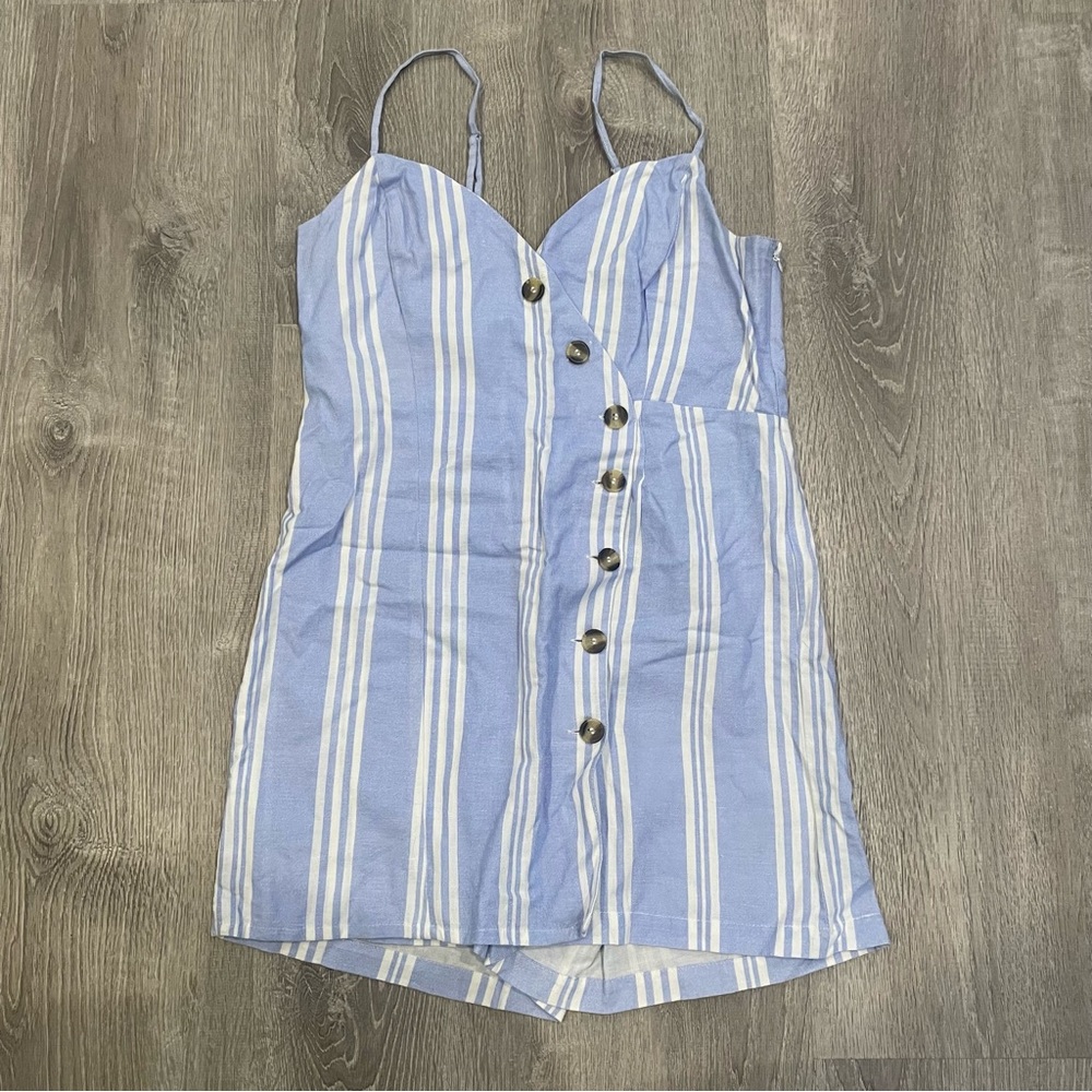 Japna Blue and White Striped Shorts Romper Spaghetti Strap Large NWOT
